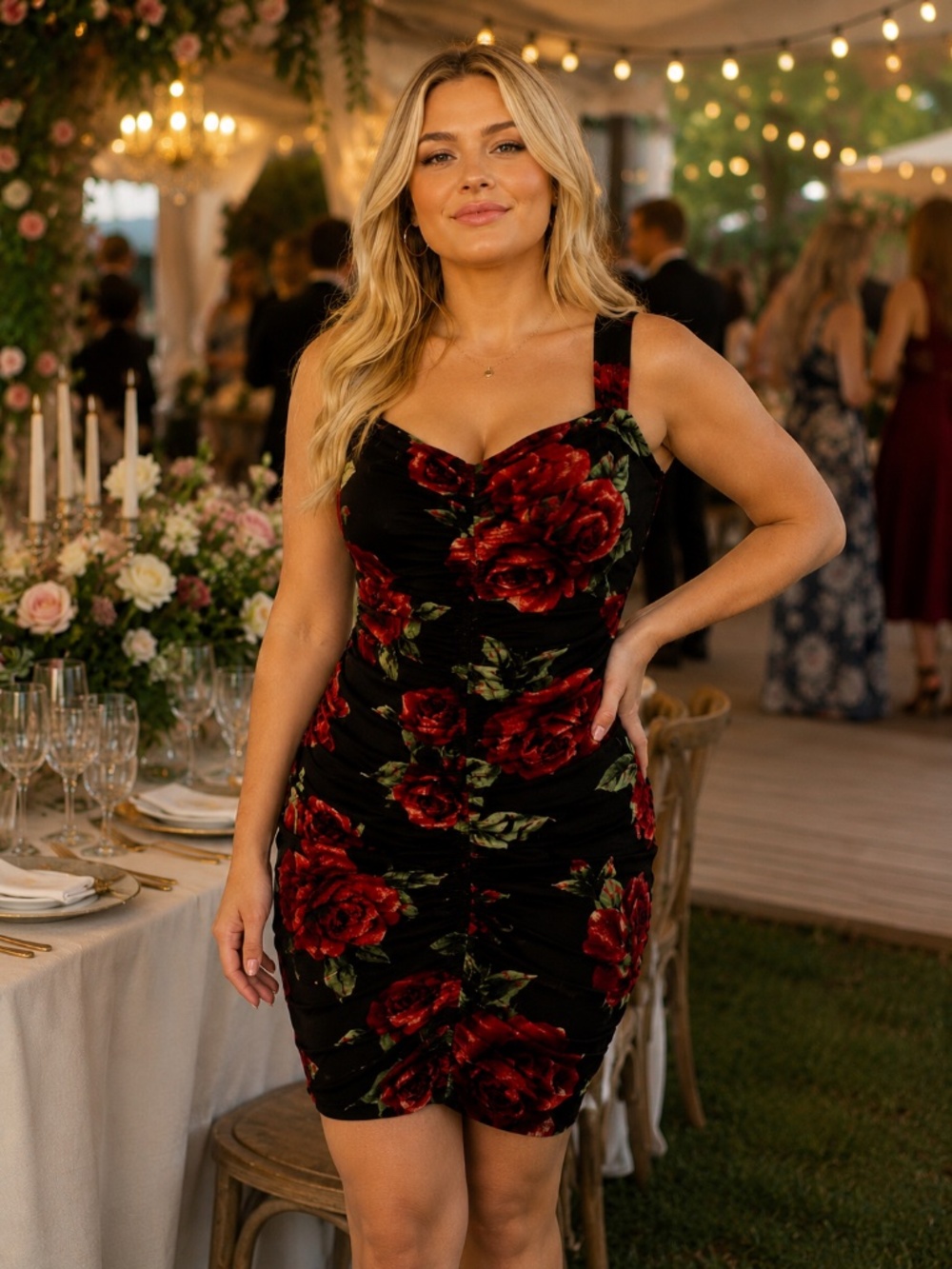 🔥 Fashion Nova Ruched Floral Bodycon Dress – Size XL – Red Roses on Black